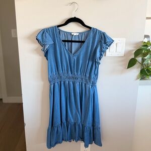 Blu Pepper Chambray Blue V-Neck Mini Dress with Ruffle Sleeves